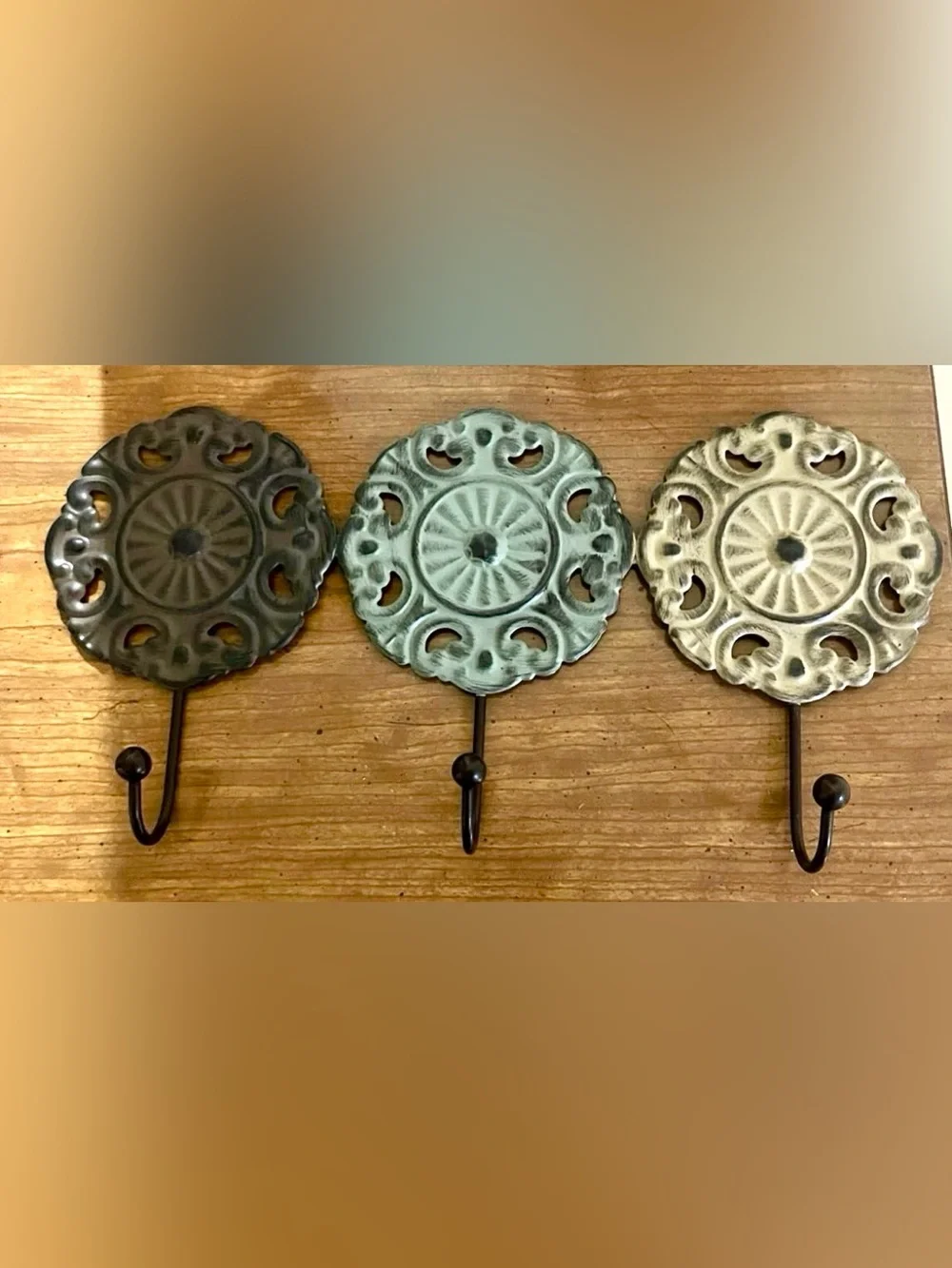 Set of 3 Decorative Metal Wall Hooks in Aqua Green, Ivory & Olive